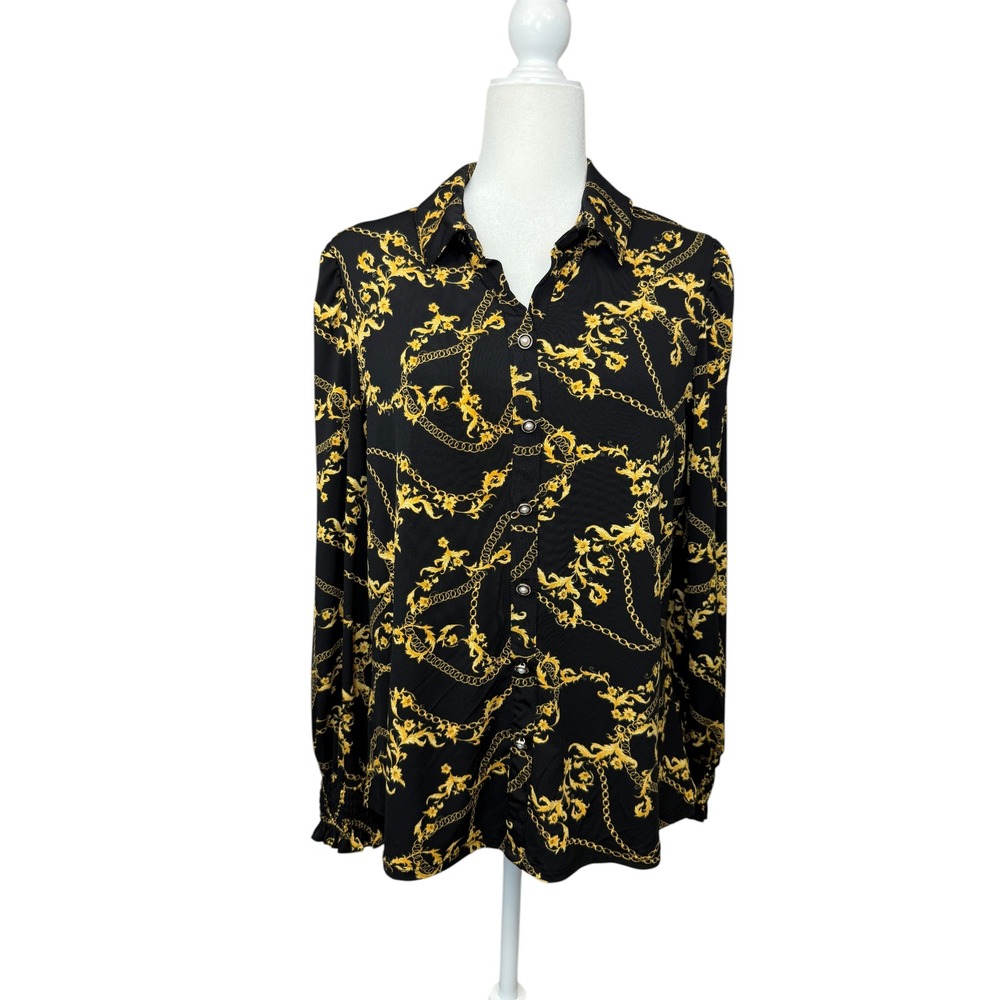 80 Park Women's L Black Gold Chain Print Button Front‎ Blouse Smocked Cuffs